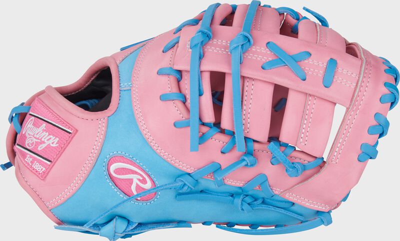 Columbia blue thumb of a Heart of the Hide ContoUR Fit 12.25-Inch 1st Base Mitt with a pink Single Post Double Bar web