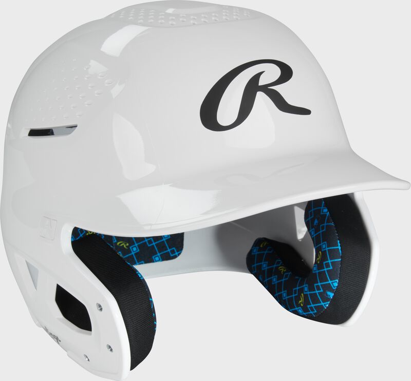 Front right of a white Rawlings RX2 gloss baseball batting helmet