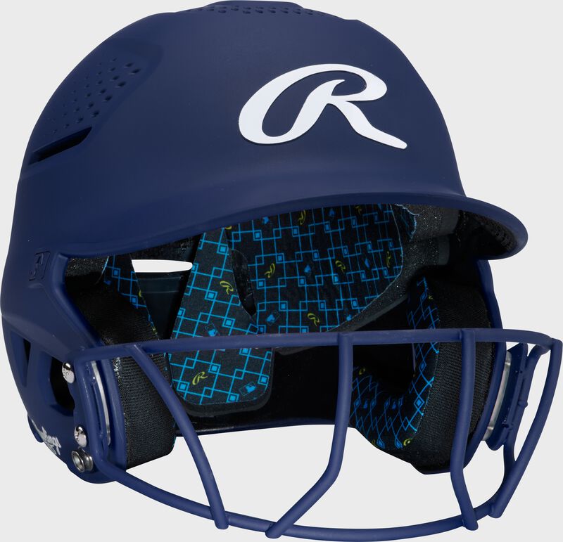Front right of a navy Rawlings RX2 fastpitch batting helmet