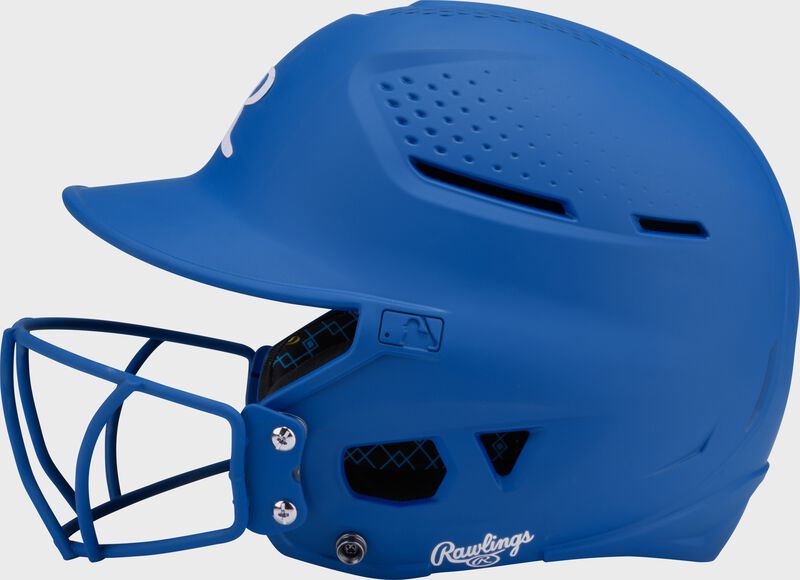 Left side of a royal Rawlings RX2 fastpitch batting helmet