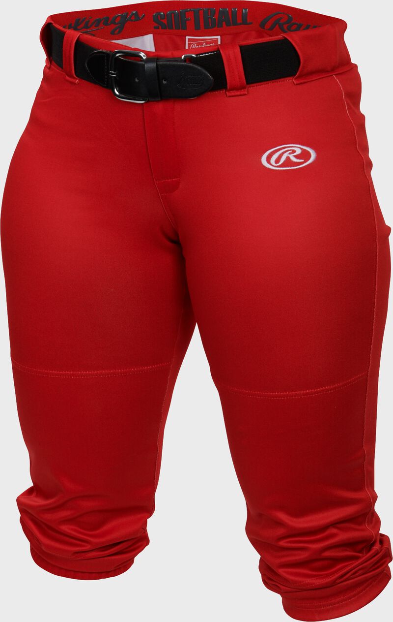 WLNCH scarlet Women's launch softball pants with a black belt loading=
