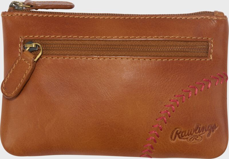 Side of a tan Rawlings Double Play Coin Purse with a zippered compartment