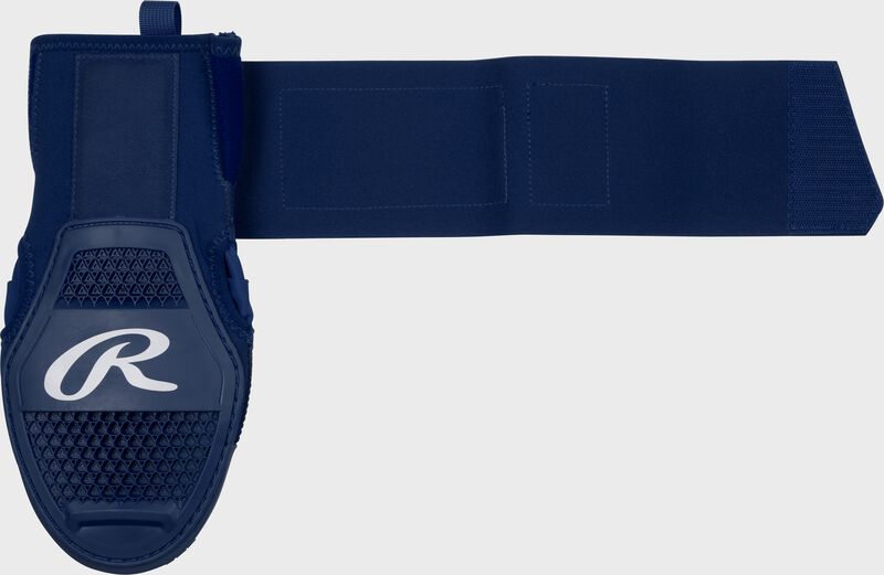 Back of a navy sliding mitt with the wrist strap stretched out loading=