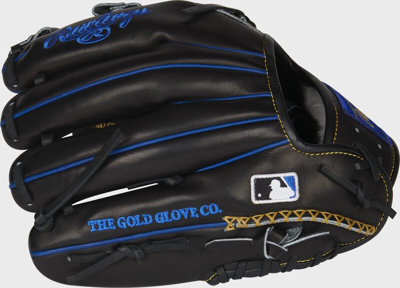 Back of a black Rawlings Pro Preferred 11.5-Inch infield glove with hand sewn welting and the MLB logo on the pinky - SKU: PROSNP4-20BR