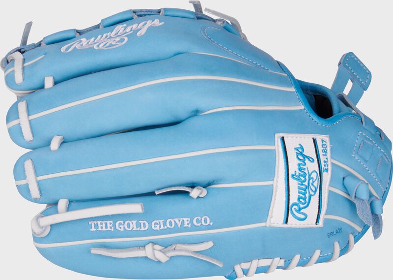 Columbia blue back of a Rawlings 12.5" Heart of the Hide fastpitch glove with a white Rawlings patch loading=