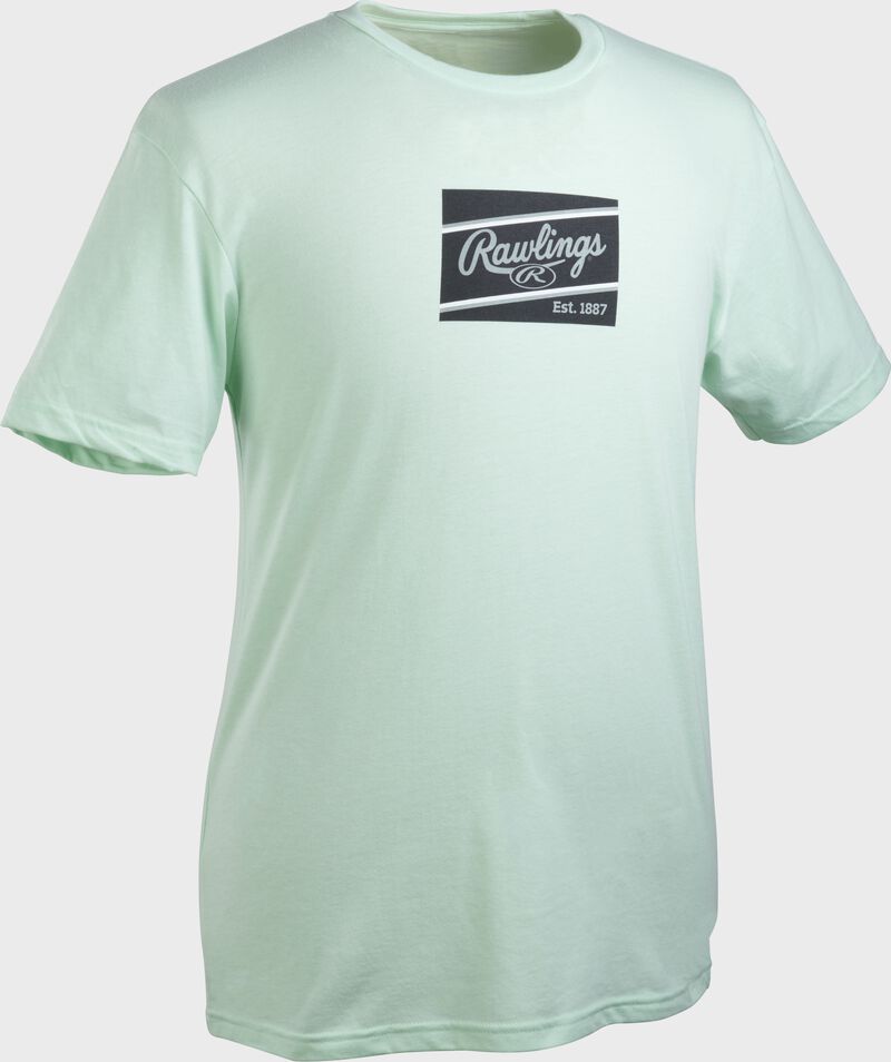A mint Rawlings ColorSync patch short sleeve shirt with a black/gray patch on the chest loading=