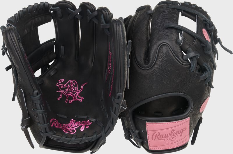 Two images showing the palm & back of a black Rawlings Heart of the Hide 11.5-Inch Wing Tip infield glove
