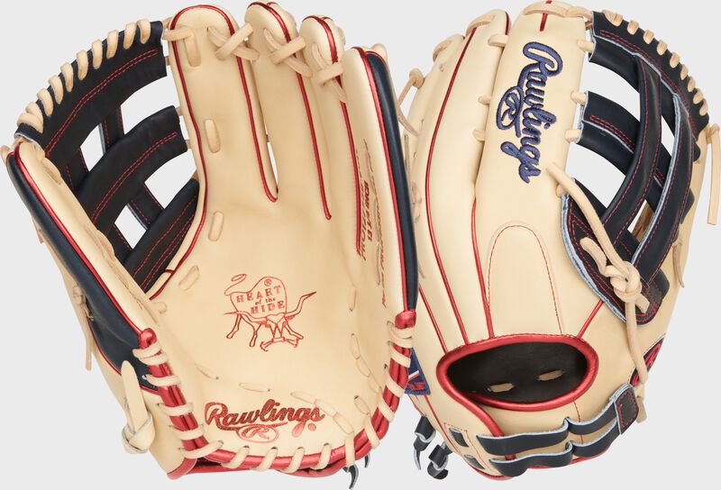 Two images showing the palm & back of a 12.75" Heart of the Hide outfield fastpitch glove loading=