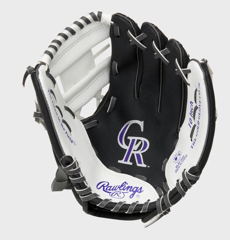 A black/white Rawlings Colorado Rockies youth glove with a Rockies logo stamped in the palm - SKU: 22000025111 loading=