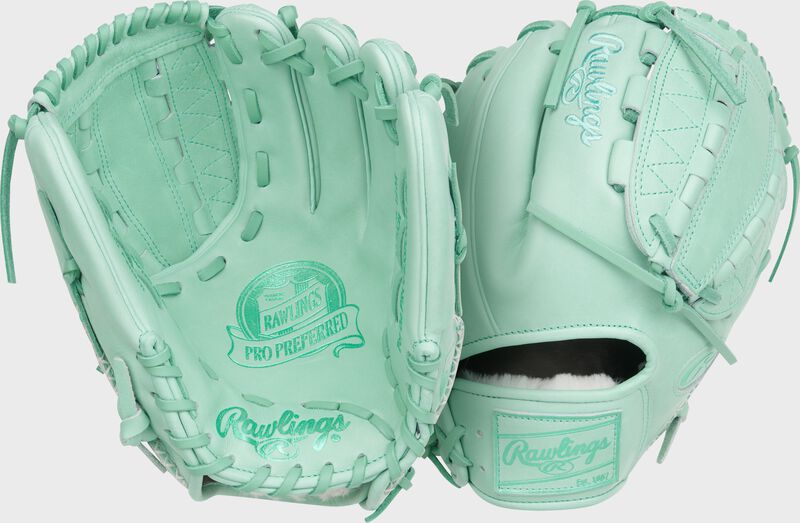 Two images showing the palm & back of a mint Rawlings Pro Preferred 12-Inch Infield/Pitcher's Glove