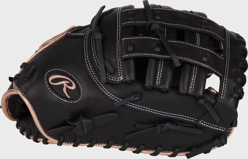 Thumb of a black R9 Series 12.5" first base fastpitch mitt with a black H-web loading=