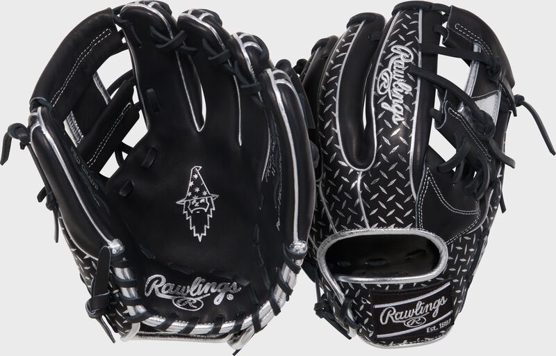 Two images showing the palm & back of a black Rawlings x Bettinardi Heart of the Hide 11.5-Inch Infield Glove
