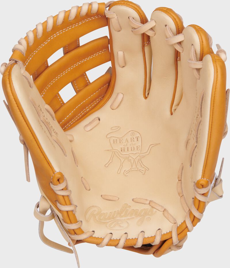 Camel palm of a Rawlings Heart of the Hide Speed Shell glove with camel laces