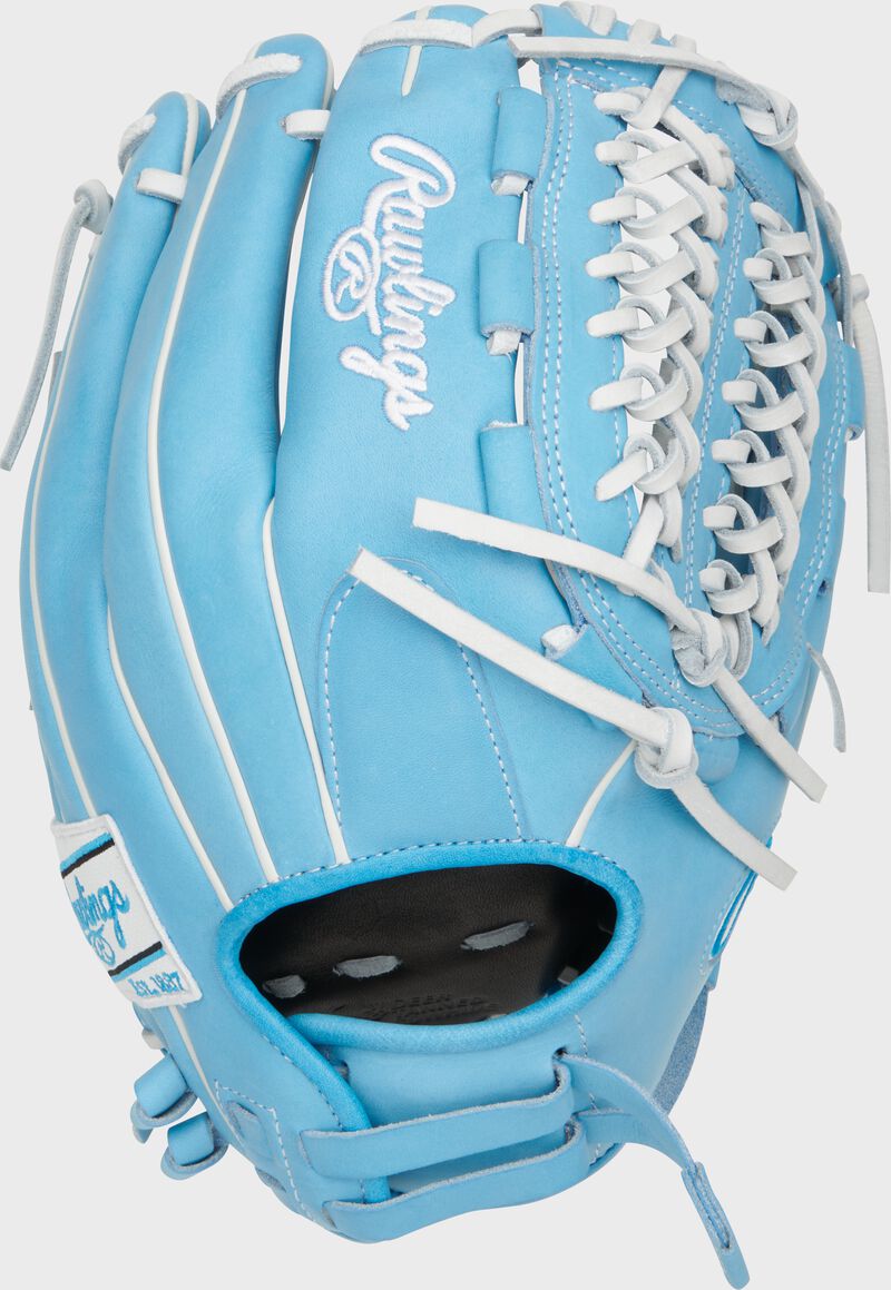 Back of a Columbia blue Heart of the Hide softball 12.5" Mod-Trap glove with a pull strap back loading=