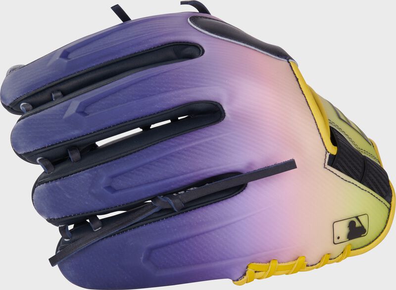 Navy/pink/gold design REV1X back of a Rawlings REV1X infield glove with the MLB logo on the pinky loading=