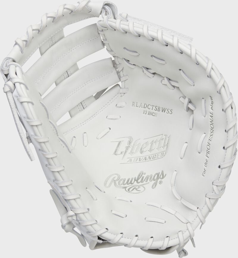 White palm of a Rawlings Liberty Advanced Color Series 1st base mitt with white laces - SKU: RLADCTSBWSS loading=