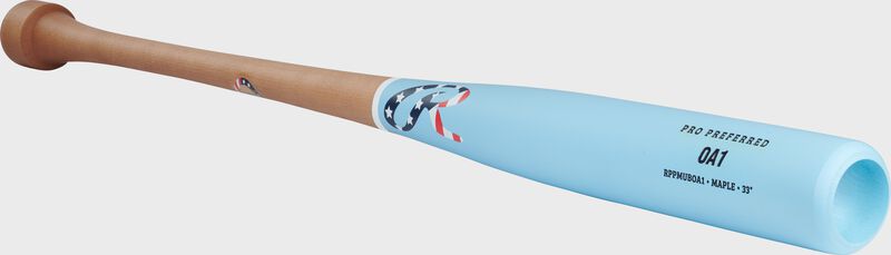 Angled view of a natural/Columbia blue Rawlings Pro Preferred OA1 maple wood baseball bat loading=
