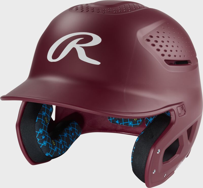 Front left of a maroon Rawlings RX2 batting helmet