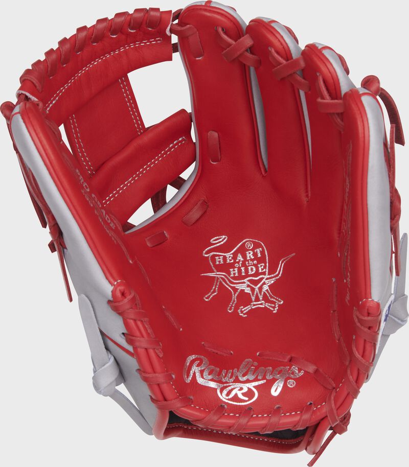 Scarlet palm of a Rawlings Jonathan India Heart of the Hide glove with scarlet laces and silver stamping - SKU: PRO204-2JI loading=