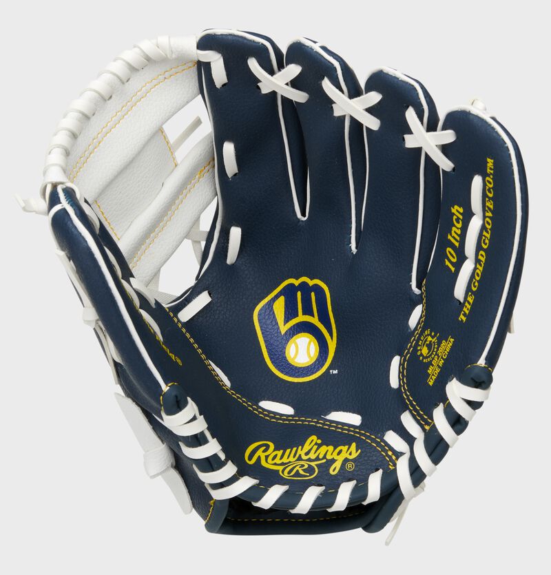 A navy/white Rawlings Milwaukee Brewers youth glove with the Brewers logo stamped in the palm - SKU: 22000006111