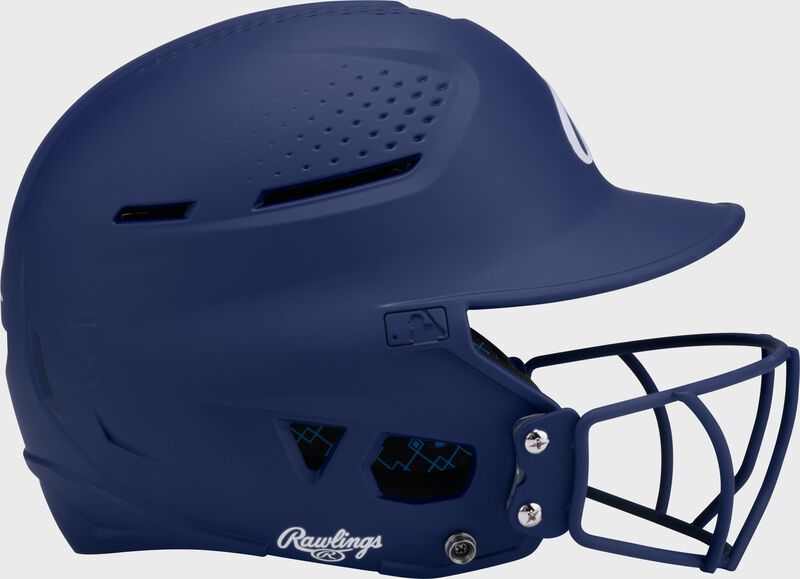 Right side of a navy Rawlings RX2 fastpitch batting helmet