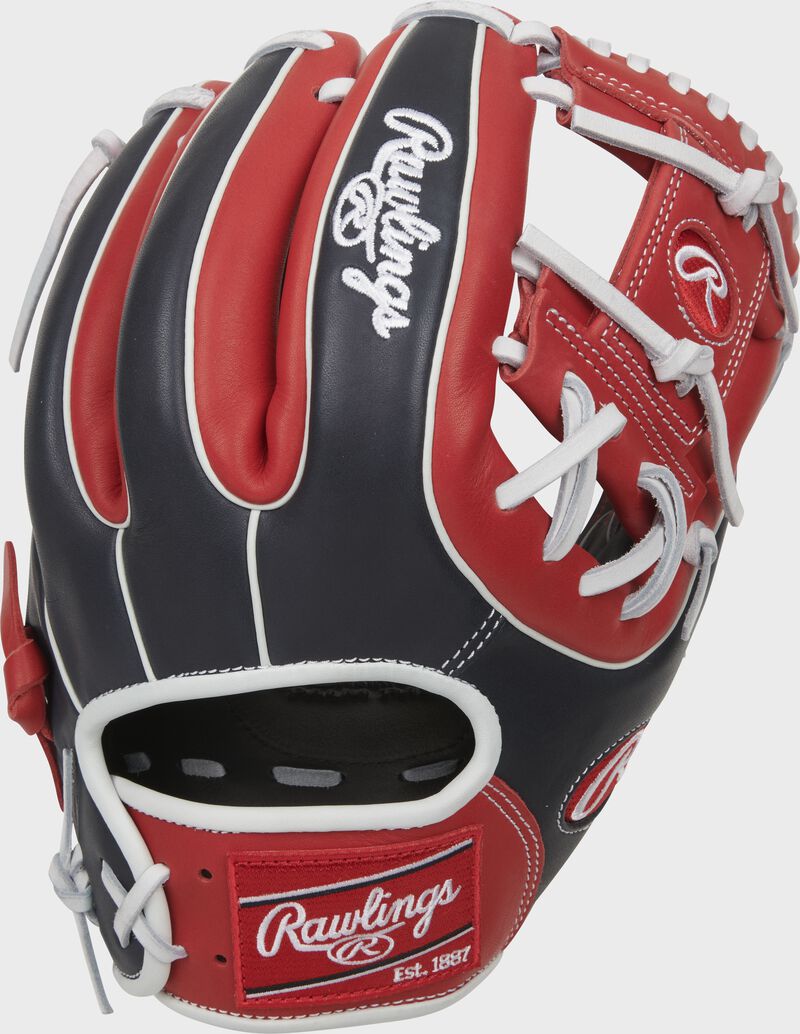 Shell back view of black, red, and white 2022 Breakout 11.5-inch I-Web infield glove loading=