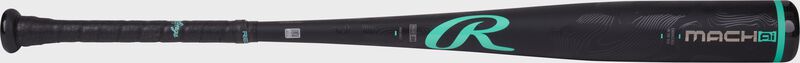 A black/mint 2025 Mach AI BBCOR -3 bat with the grip on the left and barrel on the right