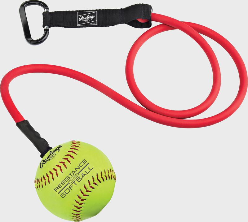 RESISTSOFTBALL red resistance training band with a softball on the end SKU #RESISTSOFTBALL