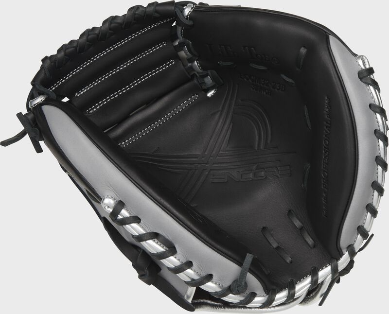 Black palm of a Rawlings Encore catcher's mitt with black laces - SKU: ECCM32-23B