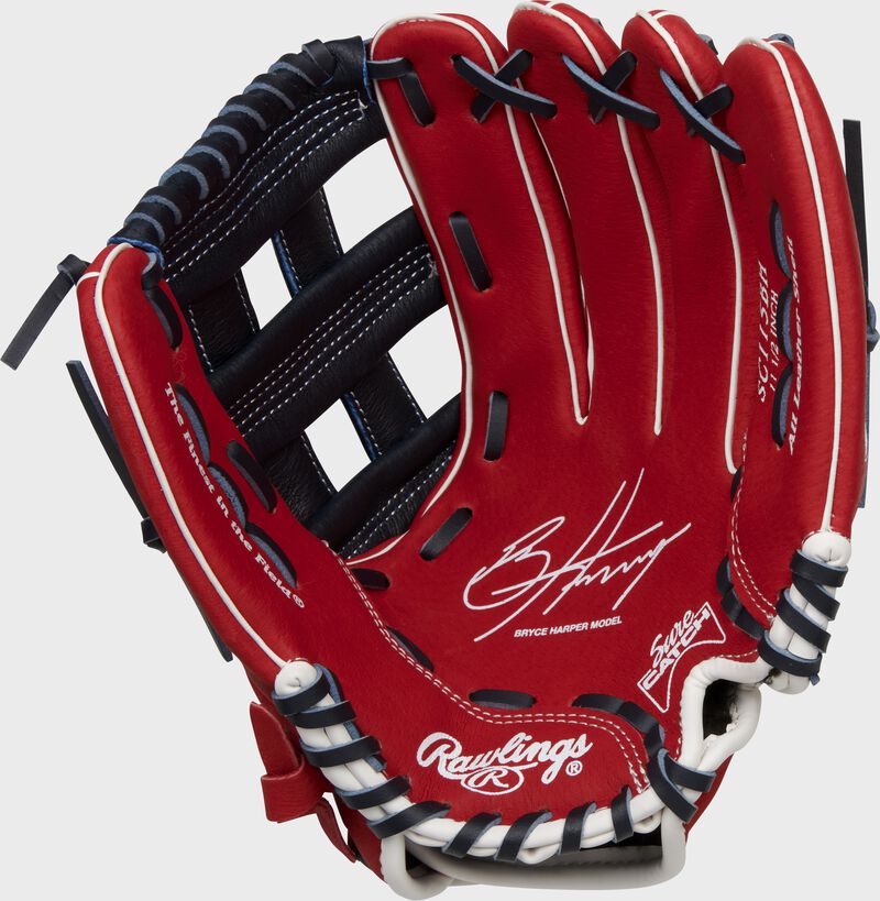Scarlet palm of a Rawlings Sure Catch Bryce Haper signature glove with navy laces - SKU: SC115BH loading=
