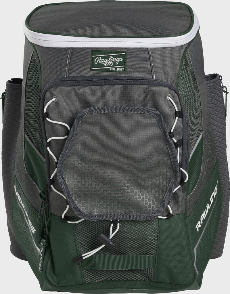 Front of a dark green Impulse baseball backpack with a gray front pocket - SKU: IMPLSE-DG