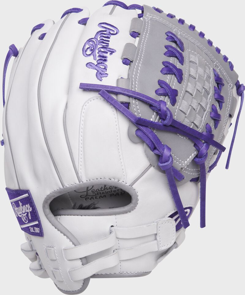 Back of a white/purple Liberty Advanced 12.5-Inch basket web glove with a pull strap back - SKU: RLA125-18WPG loading=