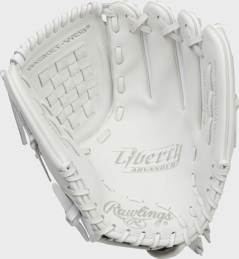 White palm of a Rawlings Liberty Advanced Color Series glove with white laces - SKU: RLA120-3WSS loading=
