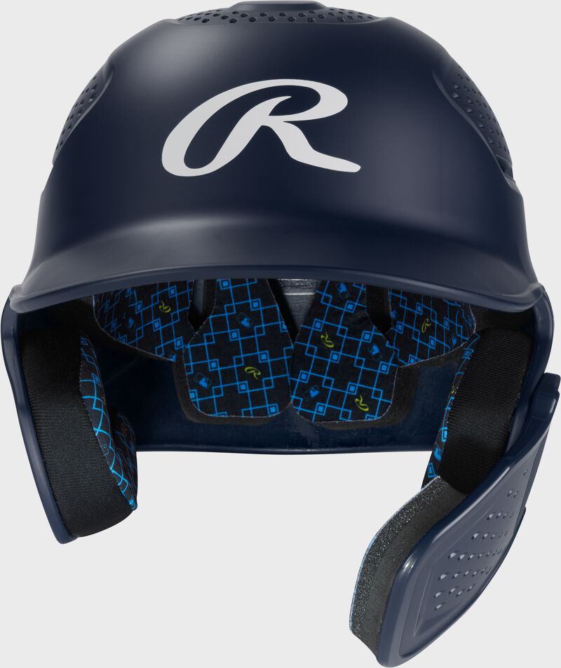 Front of a navy Rawlings RX2 Reverse batting helmet