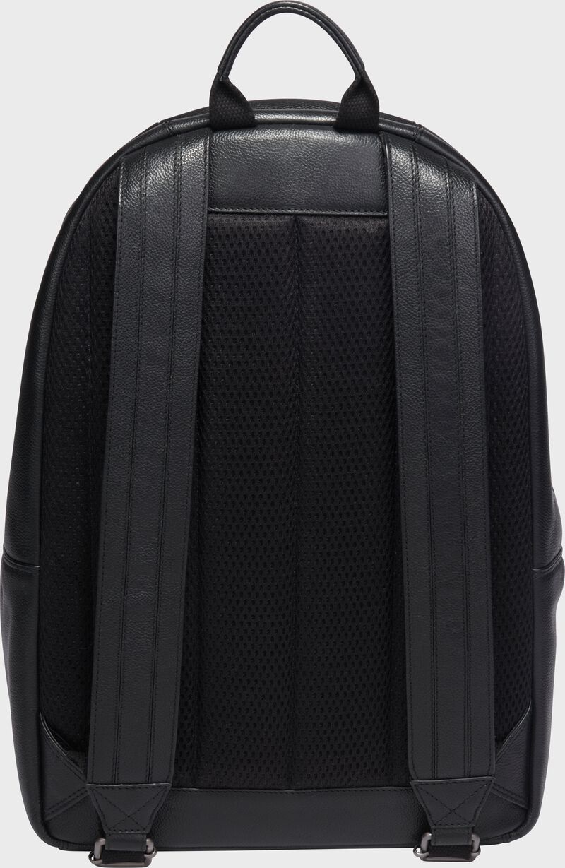 Back of a black Rawlings Strike Out backpack with black shoulder straps loading=