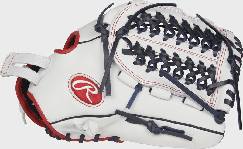Web back view of white, navy, and scarlet Liberty Advanced 12.5-in Fastpitch Finger Shift outfield glove loading=