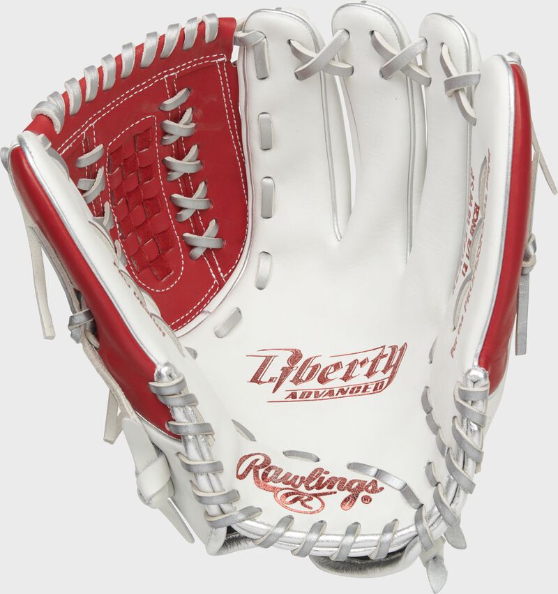 White palm of a Rawlings Liberty Advanced fastpitch glove with platinum laces and scarlet stamp - SKU: RLA125-18WSP