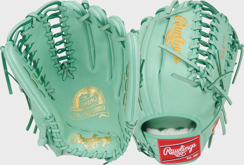 2 images showing the palm & back of an ocean mint Gameday 57 Series Harrison Bader Pro Preferred outfield glove