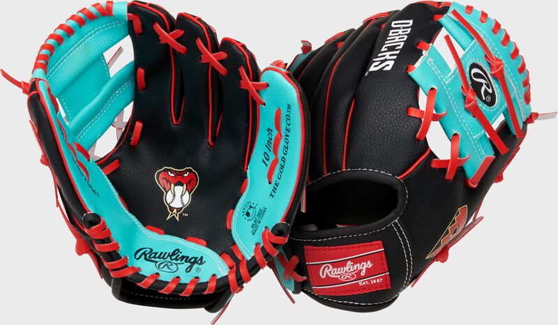 Two images showing the palm & back of a black Arizona Diamondbacks team logo youth glove