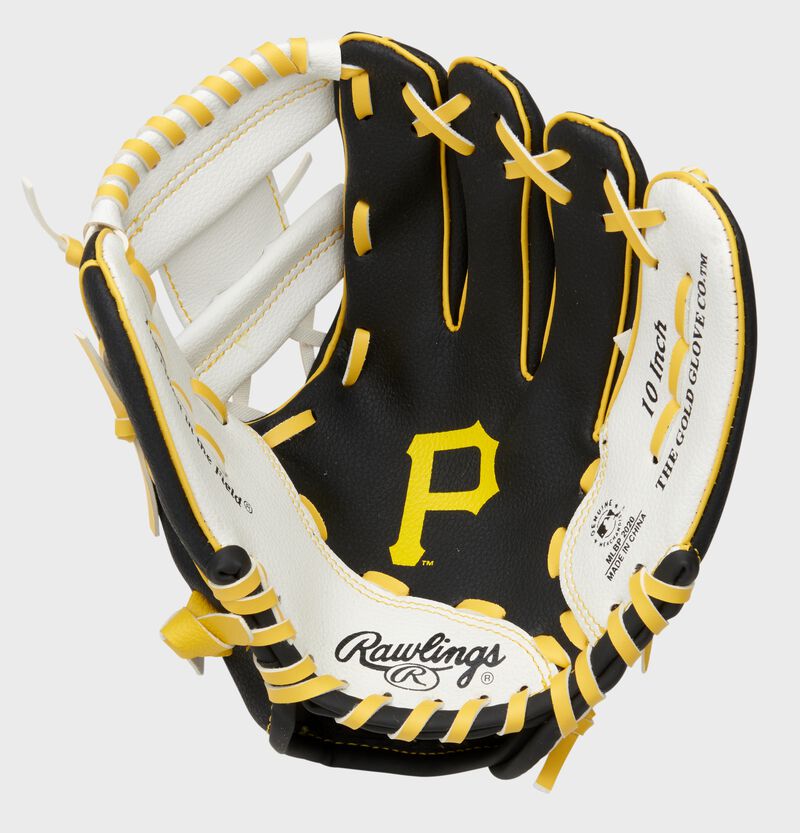 A black/white Rawlings Pittsburgh Pirates youth glove with a Pirates glove stamped in the palm - SKU: 22000021111 loading=