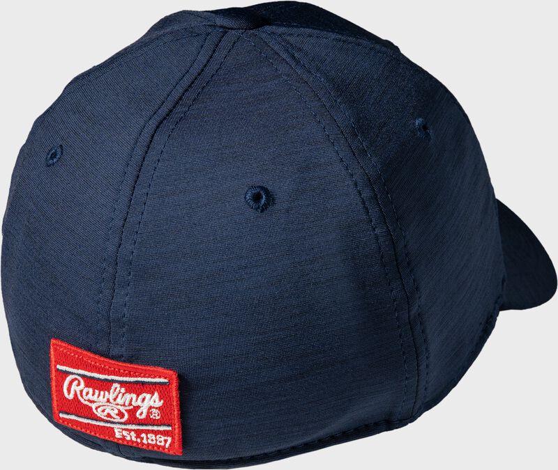 Back of a navy Black Clover bases loaded fitted hat with a red Rawlings patch on the back - SKU: BCR3BL0081 loading=