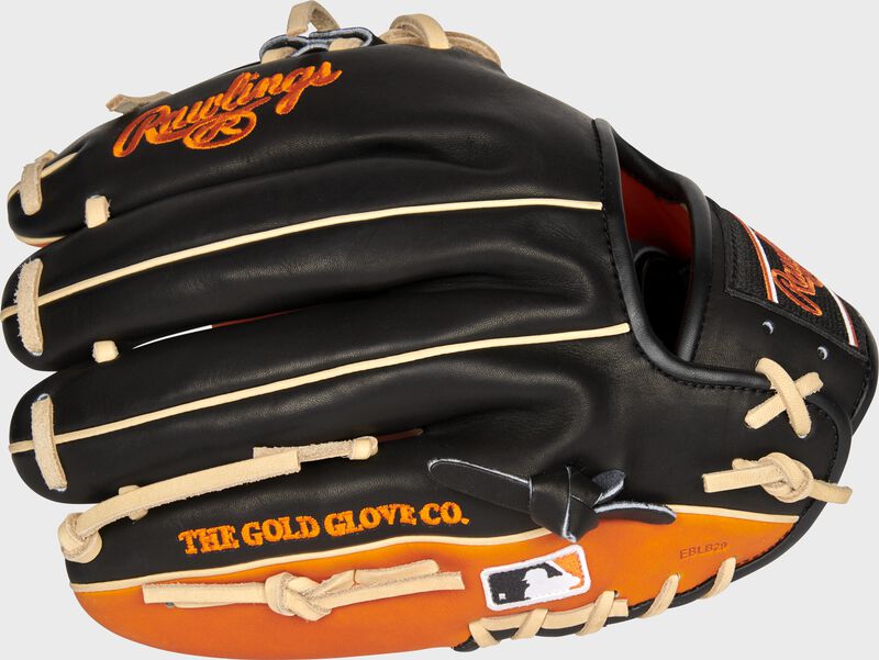 Back of a black/orange San Francisco Giants Heart of the Hide infield glove with the MLB logo on the pinky - SKU: RSGPRO204-2SFG loading=