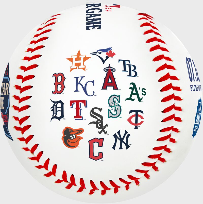The American League team logos stamped on a white All-Star Game replica baseball