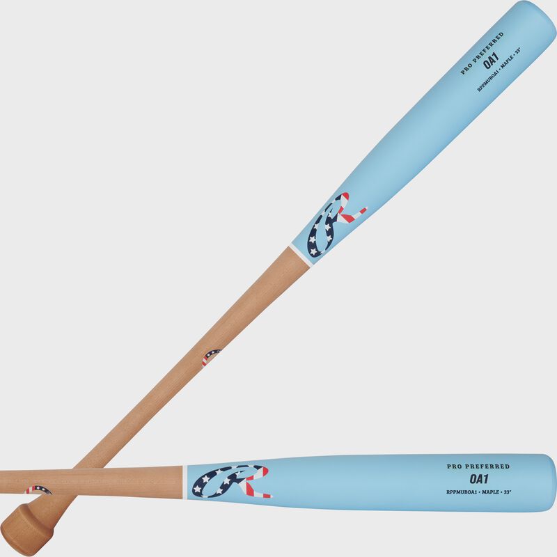 Two images showing a natural/Columbia blue Rawlings Pro Preferred OA1 maple wood baseball bat