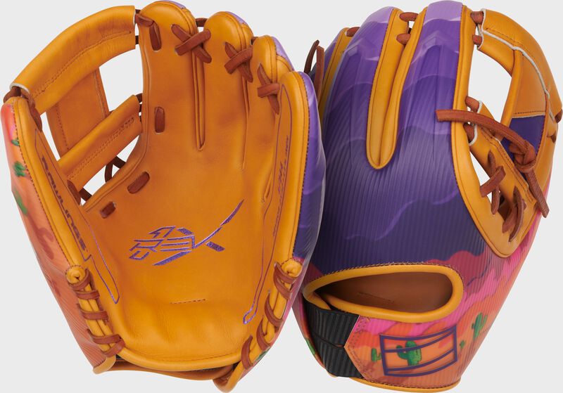 Two images showing the palm & back of a tan/purple Rawlings 11.75-Inch REV1X Arizona Spring Training Glove loading=