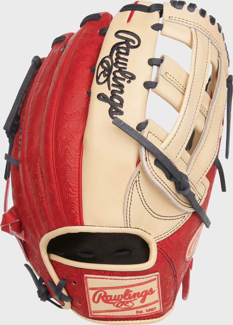 Back of a camel/scarlet Rawlings Heart of the Hide 12.75-Inch Outfield Glove with a camel Rawlings patch