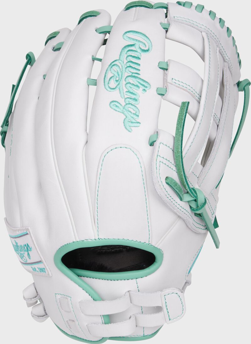 Back of a white 13" Liberty Advanced H-Web outfield glove with a pull strap back