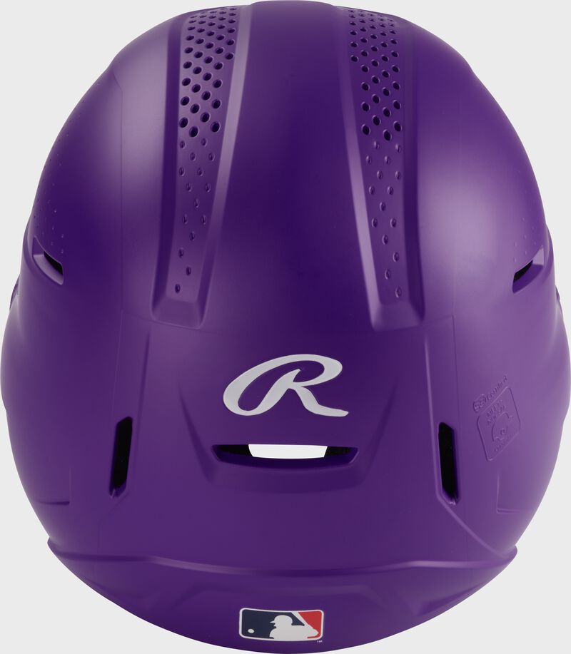 Back of a purple Rawlings RX2 batting helmet