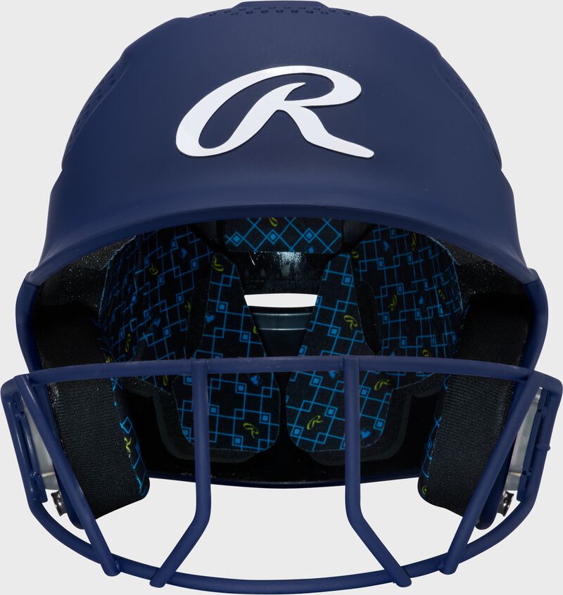 Front of a navy Rawlings RX2 fastpitch batting helmet