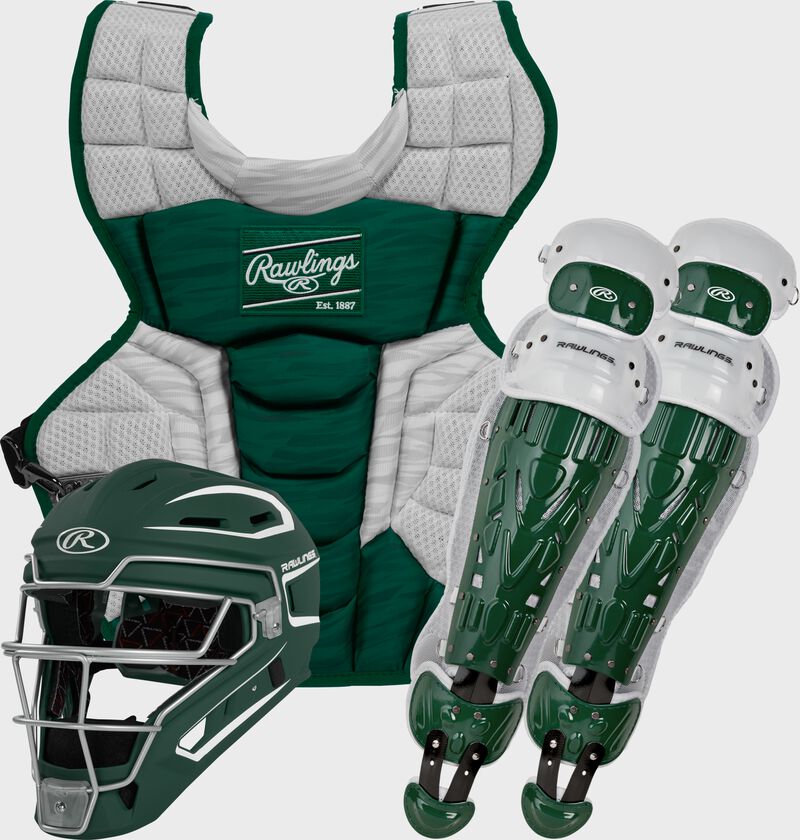 A dark green Velo 2.0 catcher's gear set with a catcher's helmet, chest protector and leg guards - CSV2A-DG/W loading=